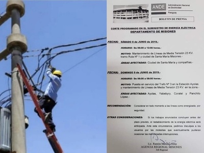 Misiones: ANDE anuncia corte programado para este fin de semana
