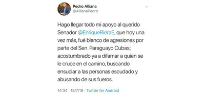 Presidente de Diputados se solidariza con el senador Enrique Riera