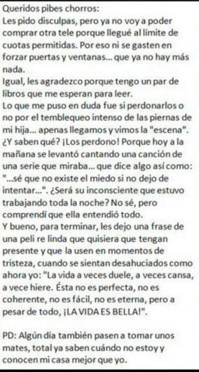 Cansada de los robos, le escribió una carta a los delicuentes