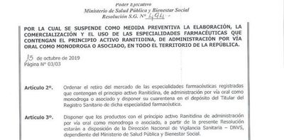 Salud suspende elaboración y comercialización de “ranitidina”