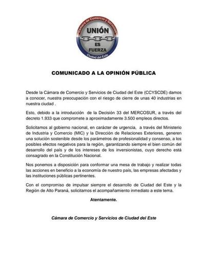 Cámara de Comercio se solidariza con industrias que operan en Zonas Francas