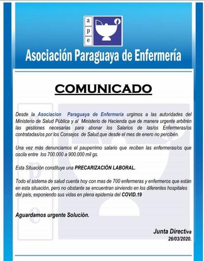 Denuncian que enfermeras del sector público no perciben sus sueldos desde hace tres meses