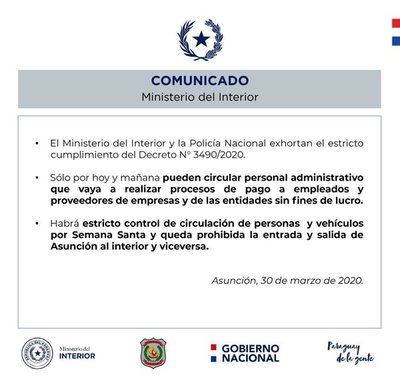 Personal administrativo podrá circular hasta mañana y nadie sale de Asunción o viceversa durante semana santa