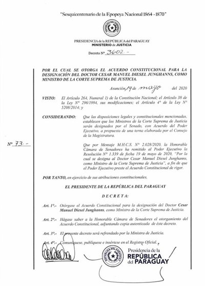 Ejecutivo otorga Acuerdo Constitucional para designación del nuevo ministro de la Corte